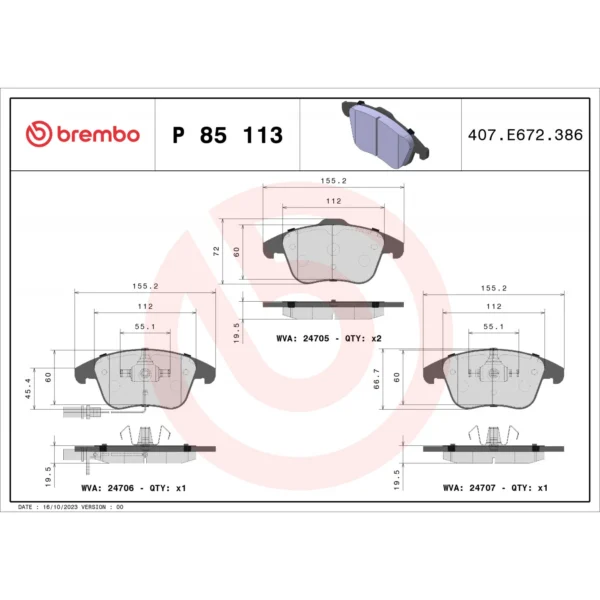Brake Pad Set, disc brake BREMBO P 85 113