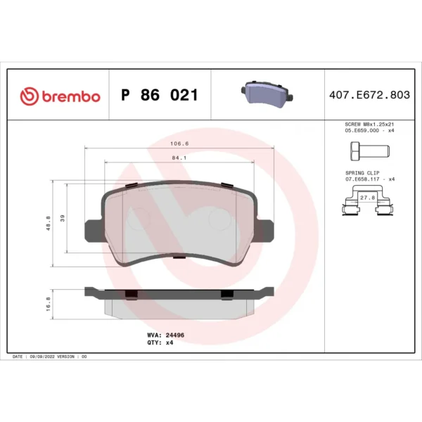 Brake Pad Set, disc brake BREMBO P 86 021